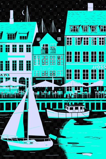 PSD copenhagens nyhavn con encantadora escena callejera colorido construye psd camiseta vectorial tatuaje tinta paisaje arte