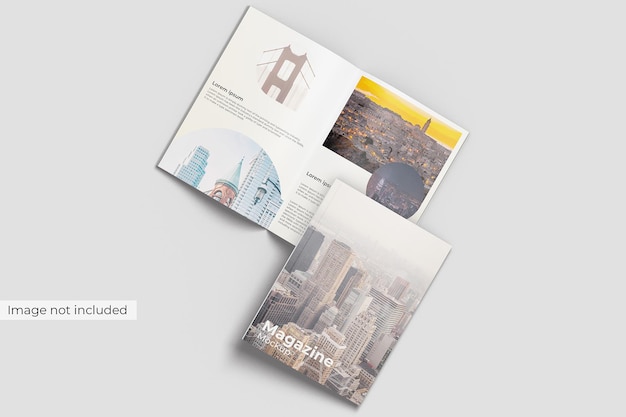 Copertina e vista frontale del mockup della rivista aperta