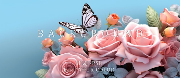 PSD copie la ilustración espacial de coloridas hojas y mariposas sobre rosas de fondo azul descoloridas