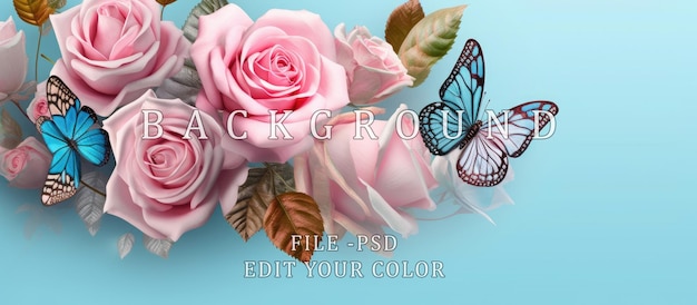 PSD copiez l'illustration spatiale des feuilles et des papillons colorés sur des roses bleues décolorées.