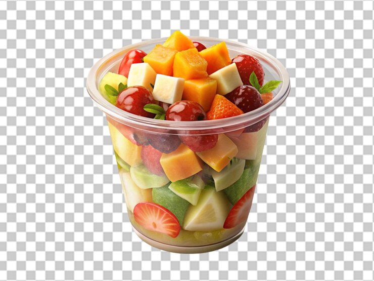 PSD copo com salada de frutas saborosa isolada em transparente