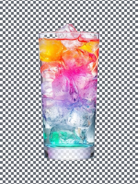 Copo de água de cor arco-íris com cubos de gelo isolados em fundo transparente