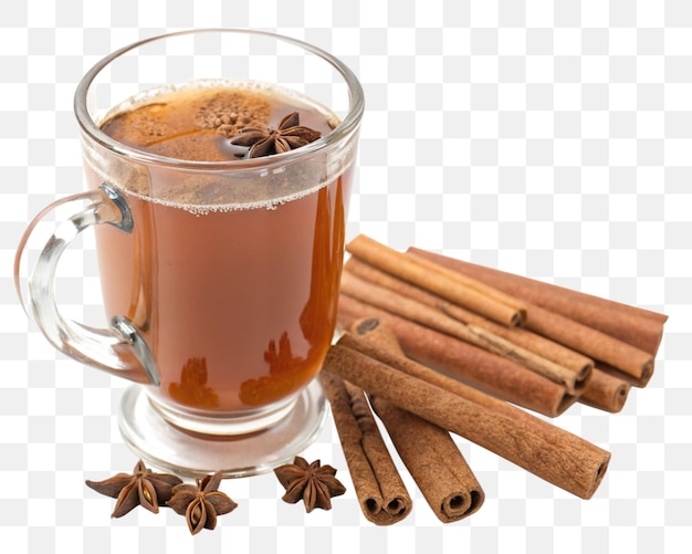 Copo de chá temperado com canela e anis estrelado em fundo transparente