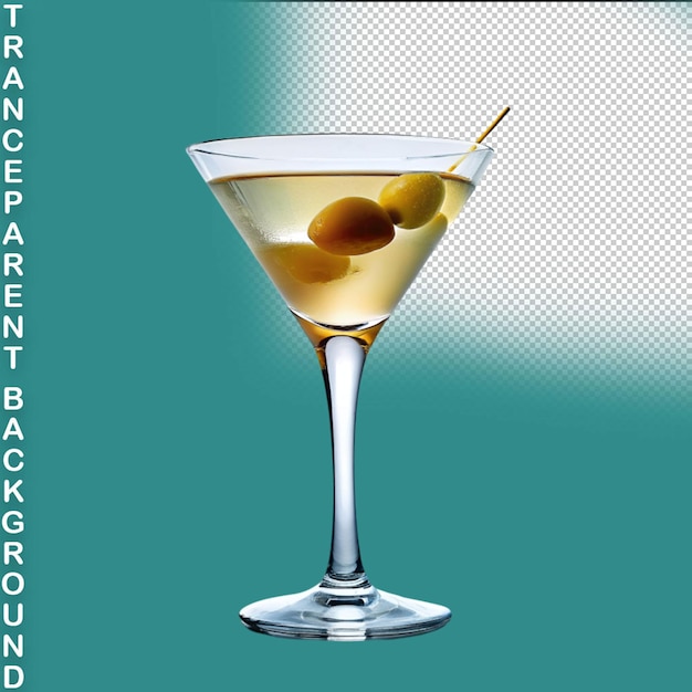 Copo de martini com coquetel com limão e guarda-chuva em um fundo transparente