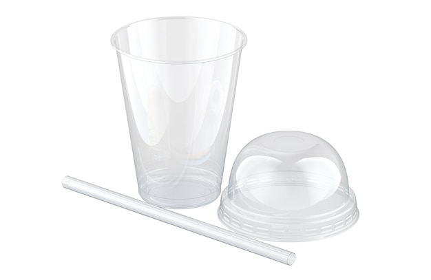 Copo de plástico transparente vazio com tubo Copo de plástico transparente com tampa de cúpula renderização 3D