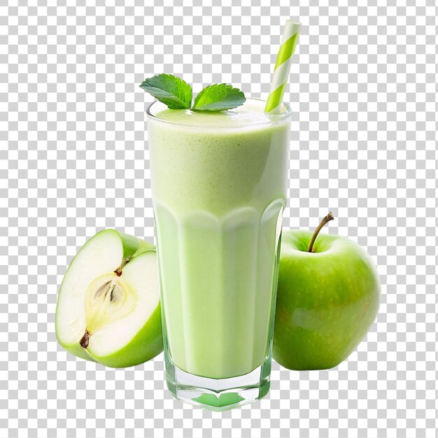 Copo de smoothie verde com maçãs e hortelã isolado em fundo transparente