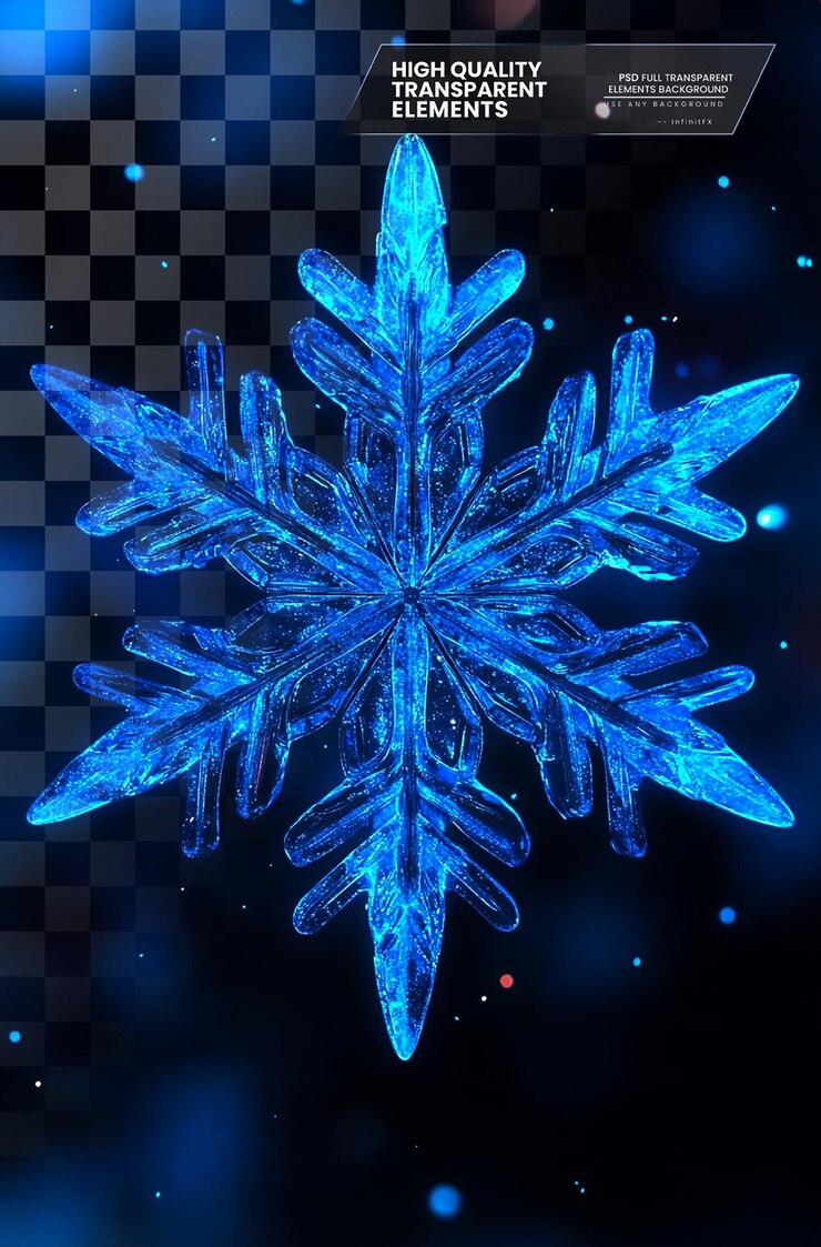 PSD un copo de nieve azul brillante en primer plano sobre un fondo transparente