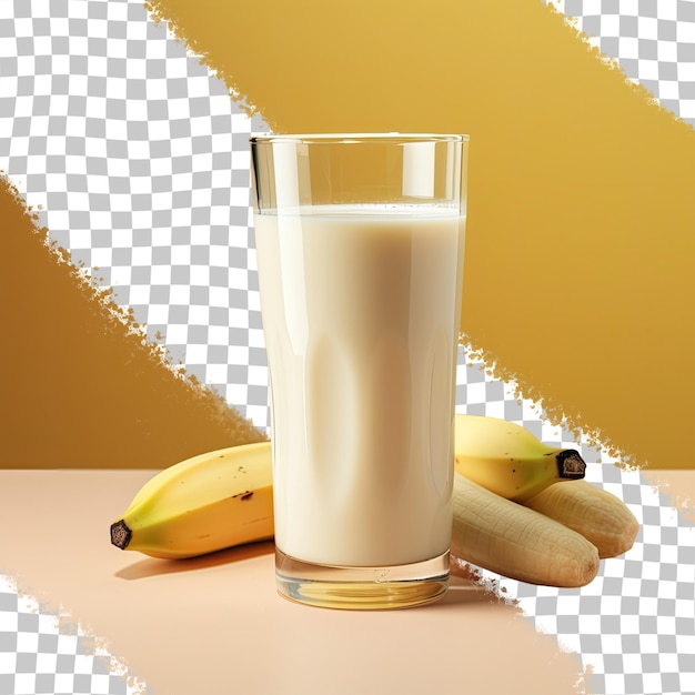 PSD copo de vidrio transparente que contiene leche de plátano aislado sobre un fondo transparente visto de cerca