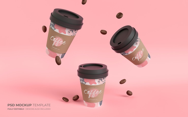 PSD copos de café e feijão de papel em maquete de gravidade