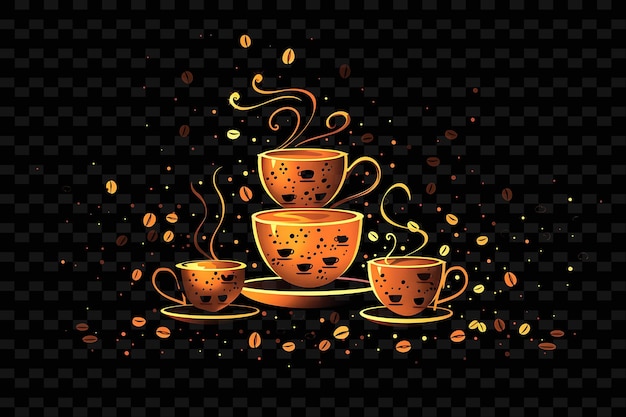 PSD copos de café e grãos brilhantes espalhados e empilhados café r y2k textura forma arte de decoração de fundo