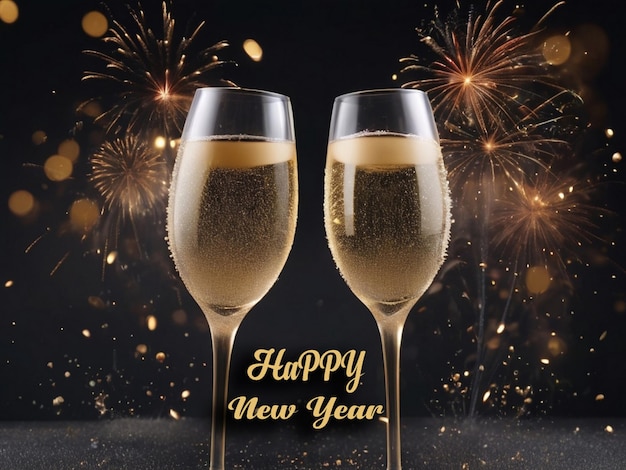 PSD copos de champanhe com salpicos e fogos de artifício prontos para trazer o novo ano de 2024