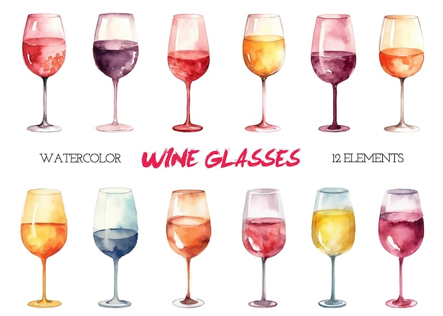 Copos de vinho pintados em aquarela clipart Elementos de design desenhados à mão isolados no fundo branco