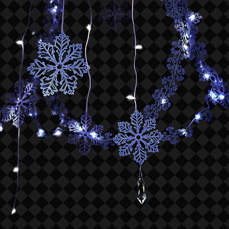 PSD los copos de nieve y las guirnaldas de cristal brillan con luces de neón a lo largo del delicado encaje