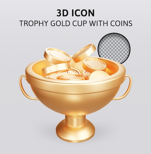 Coppa d'oro del trofeo con l'illustrazione della rappresentazione delle monete 3d