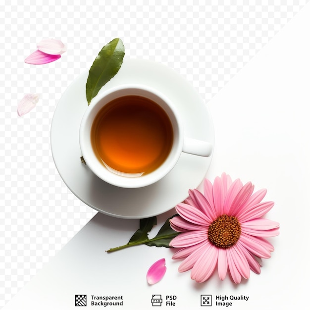 PSD coppa de chá ou café em fundo branco isolado com flor rosa vista superior