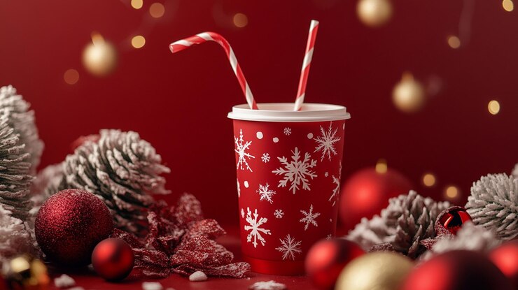PSD coppa rossa festiva con fiocchi di neve, bastoncini di caramelle e ornamenti di natale.