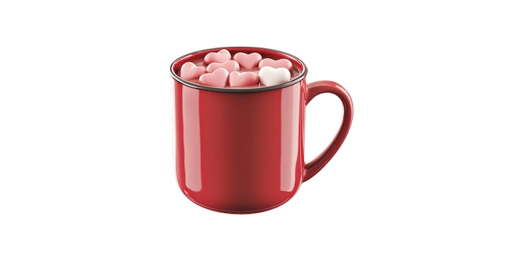 PSD coppa rossa piena di marshmallows a forma di cuore isolati su uno sfondo trasparente