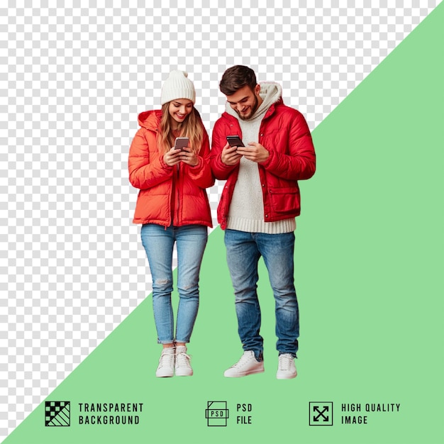 Coppia che usa gli smartphone in inverno