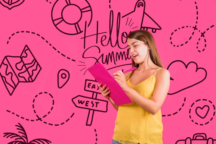 PSD copyspace maquete para o verão com mulher alegre