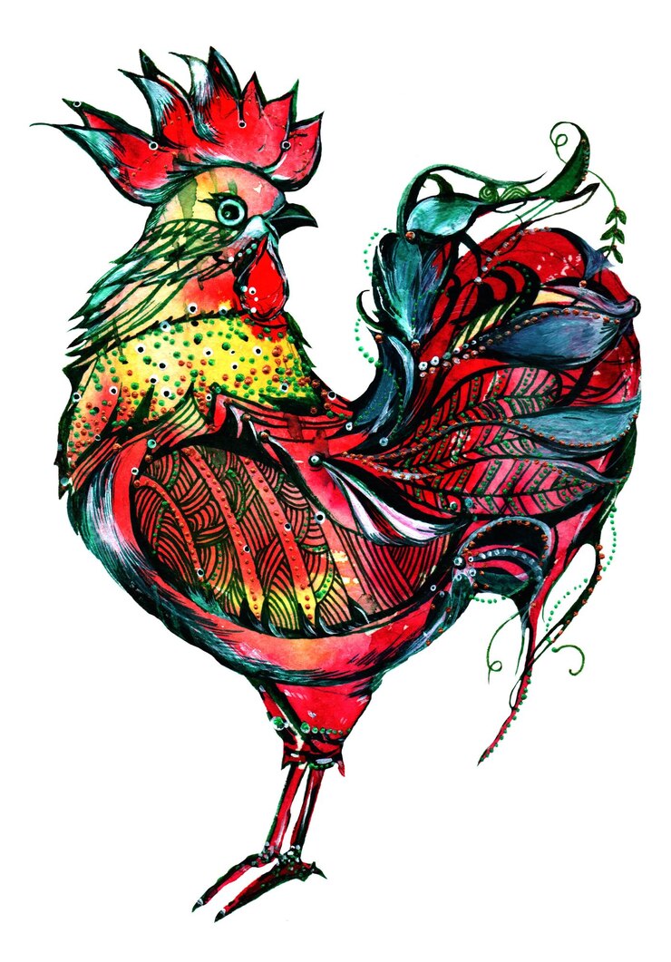 PSD un coq à l'aquarelle avec un plumage vibrant ses plumes brillent dans les nuances de rouge orange et d'or