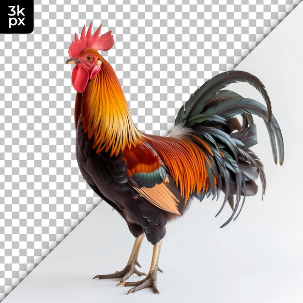 PSD un coq avec une queue noire et des plumes orange