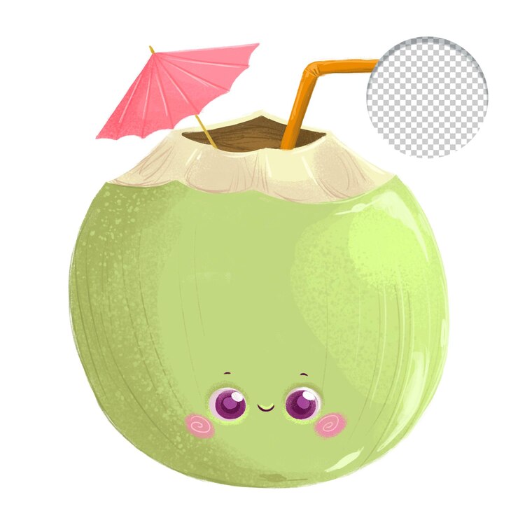 PSD coquetel de coco kawaii feliz e fofo isolado no fundo branco