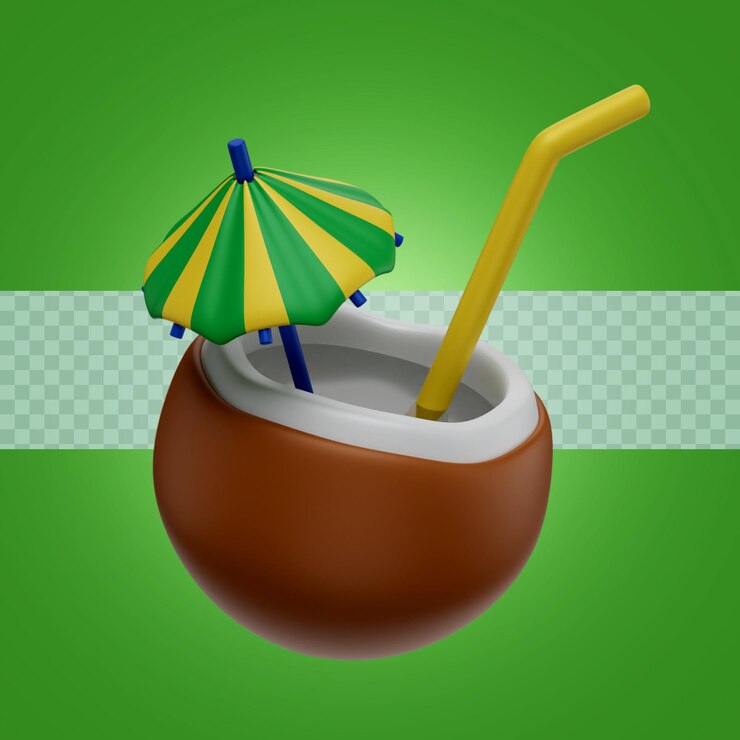 PSD coquetel de ilustração de renderização 3d em coco com guarda-chuva e canudo de papel