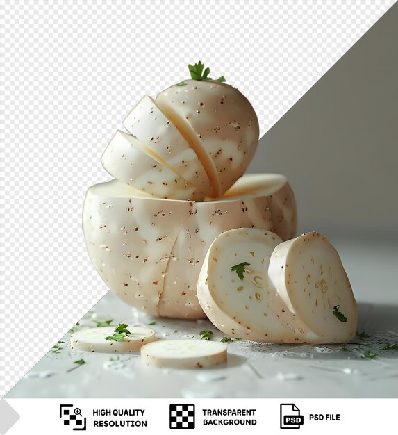 PSD coquilles de jicama sur un fond transparent avec une feuille verte et un mur blanc en arrière-plan png