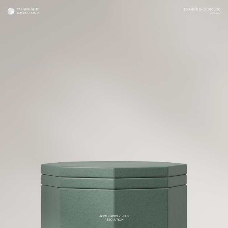PSD cor cerâmica verde 3d render fundo transparente do pódio em forma de hexágono em quadrado