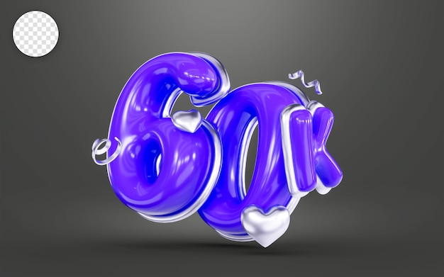 Cor roxa obrigado por 60 mil seguidores online banner social feliz celebração 3d render