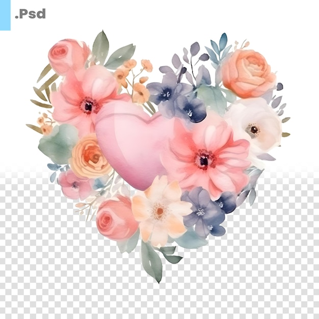 PSD coração aquarela com flores. ilustração desenhada à mão isolada no modelo psd de fundo branco