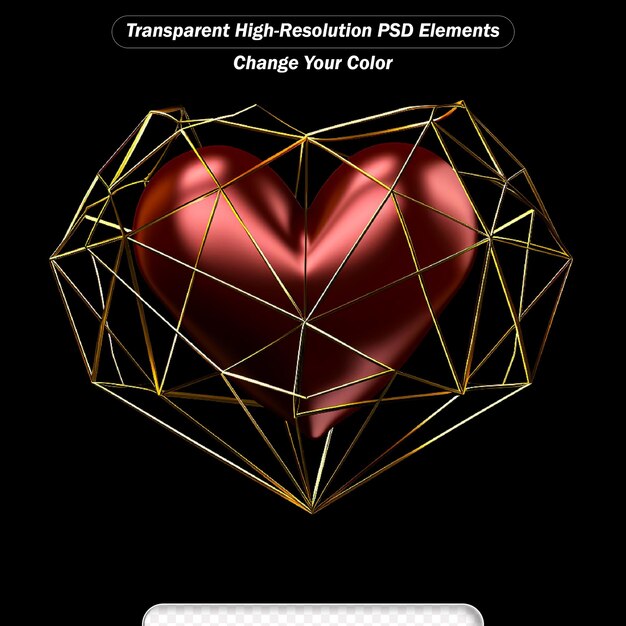 PSD coração de arame poligonal dourado com coração vermelho realista no interior