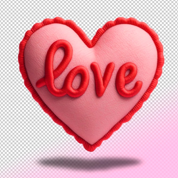Coração de pelúcia PSD com amor bordado em fundo transparente