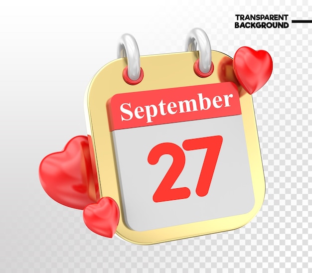 PSD coração de setembro com mês de calendário de dia 27