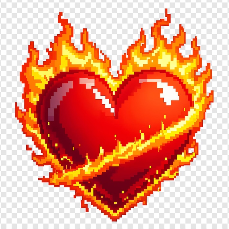 PSD coração pixelado 3d com efeito de fogo animado em fundo transparente