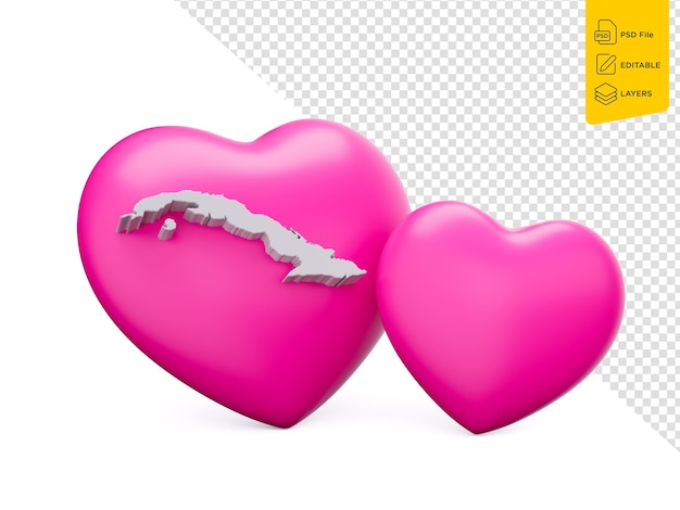 PSD corações rosa brilhantes 3d com mapa branco 3d de cuba em fundo isolado ilustração 3d