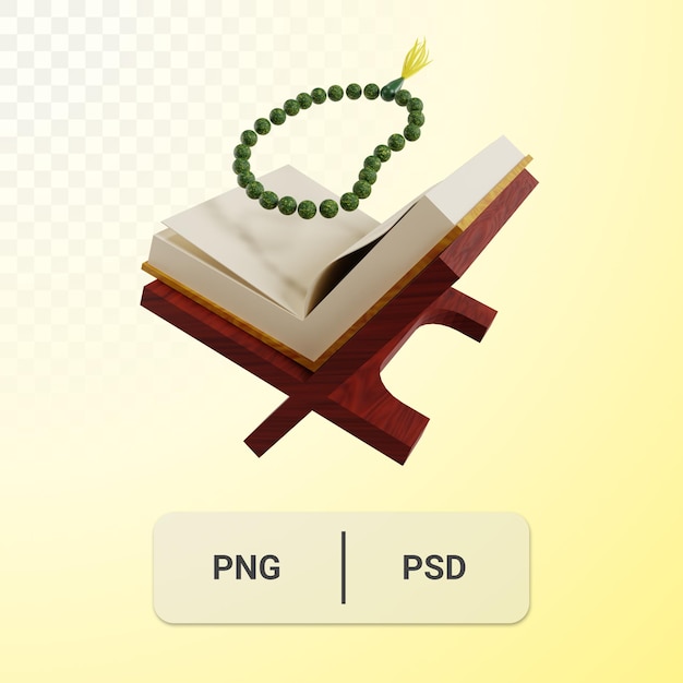 Corán 3d con ilustración de icono de tasbih