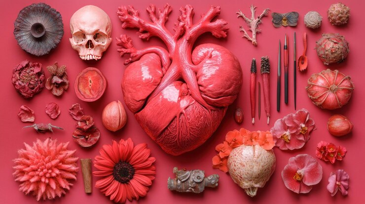 PSD corazón anatómico rojo rodeado de flores rojas y corales huesos y otros objetos en fondo rojo