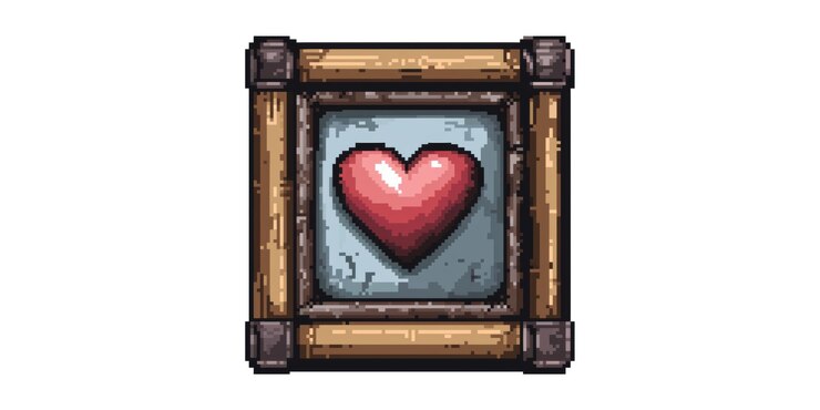 PSD corazón de arte de píxeles en marco de madera aislado sobre un fondo transparente