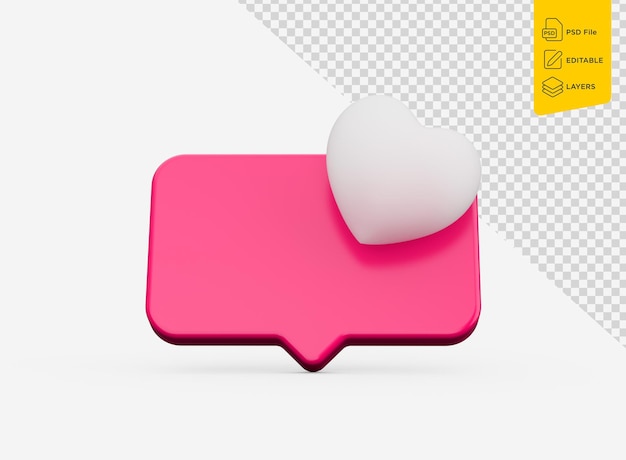PSD corazón blanco 3d con icono de cuadro de texto de color rosa 3d aislado en fondo blanco ilustración 3d