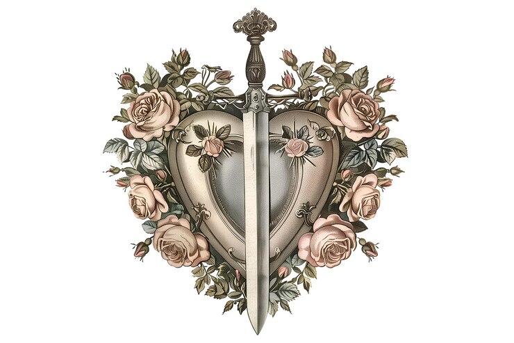 PSD corazón con bordes de rosas y una espada ilustración de corte vintage para el día de san valentín