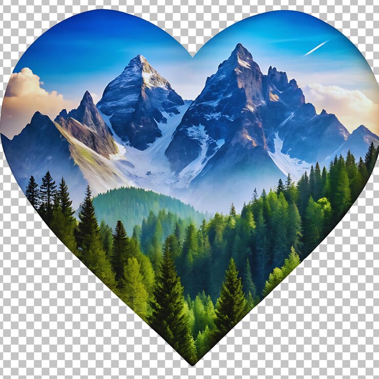 PSD un corazón con un bosque y montañas en el fondo