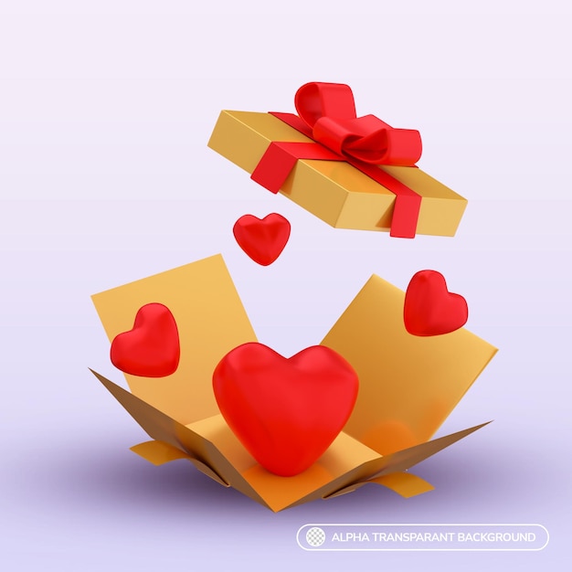 Corazón de caja de regalo de ilustración de concepto creativo de renderizado 3d