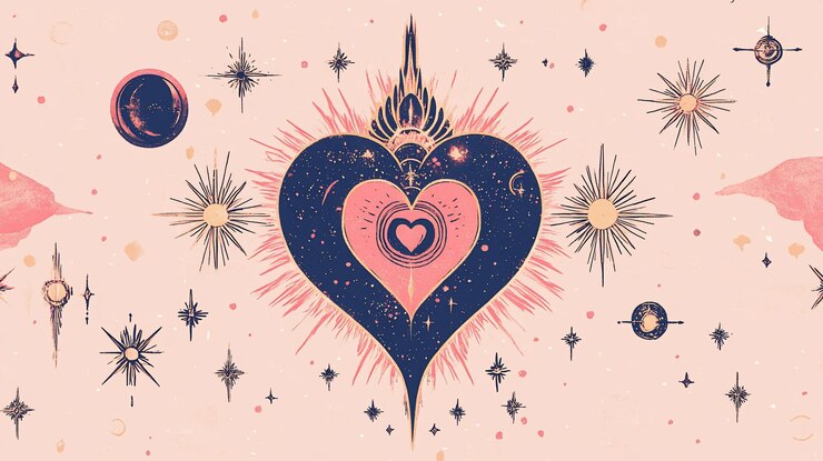 PSD corazón celeste con estrellas del cosmos y fases de la luna en fondo rosa