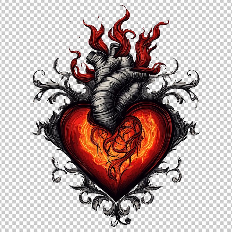 PSD corazón con un corazón ardiente en el interior y un símbolo de corazón ardiente de fuego psd jpg