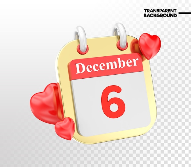 Corazón de diciembre con mes calendario del día 6