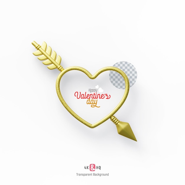 PSD corazón dorado del día de san valentín 3d con ilustración de flecha aislada