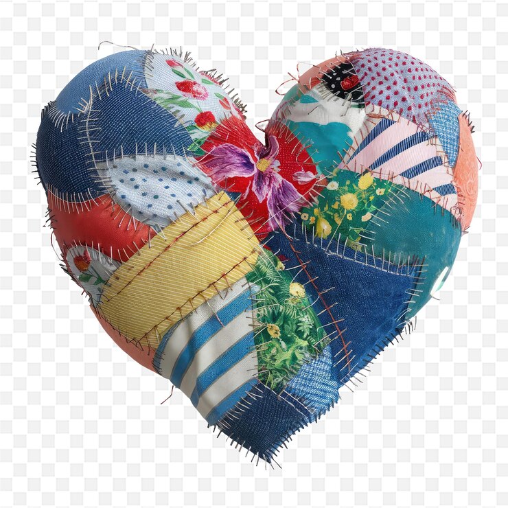 PSD un corazón en forma de corazón hecho de tela con una bandera y flores