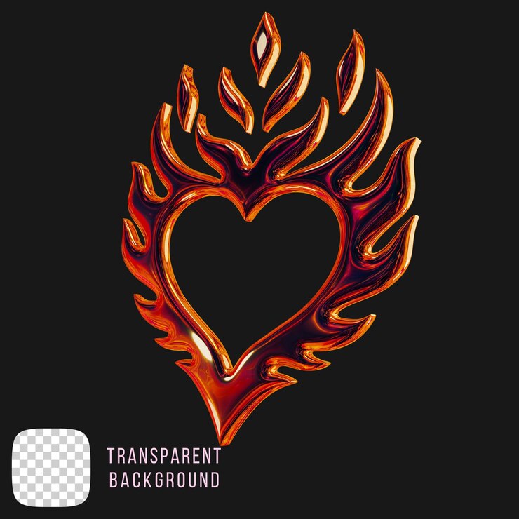 PSD corazón de fuego metálico y2k forma abstracta renderización en 3d