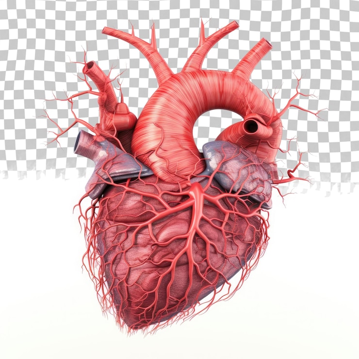 PSD corazón humano con vasos y árbol bronquial en primer plano vista trasera aislada en un fondo transparente